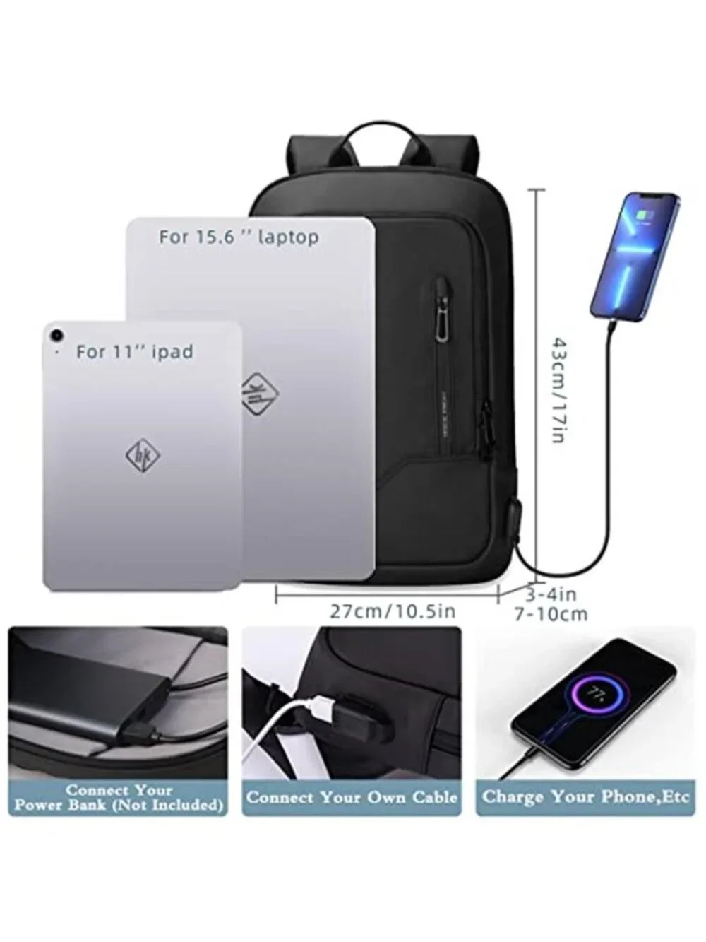 Slim Business Laptop Backpack USB Port Anti Theft Water Resistant 15.6 Inch